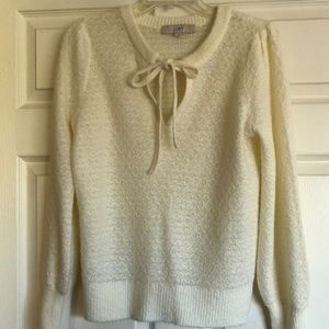 Loft cream sweater ribbon neck puff sleeve M